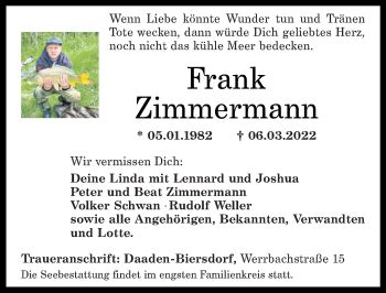 Traueranzeigen Von Frank Zimmermann Rz Trauer De