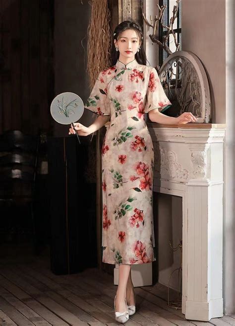 Summer Cheongsam Dress Chinese Qipao Oil Painting Pattern Etsy