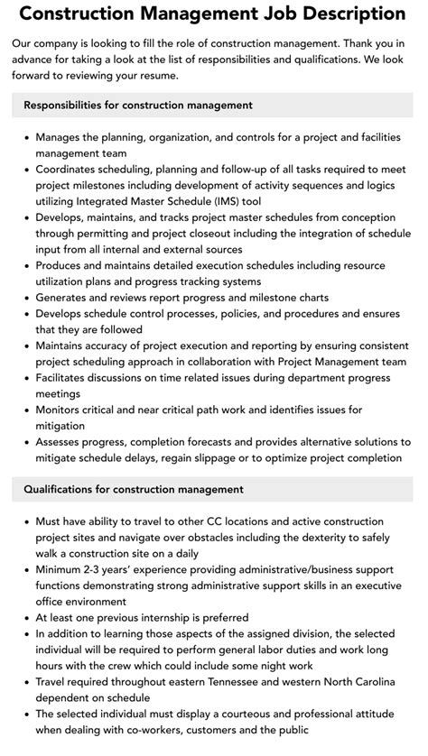 Construction Management Job Description Velvet Jobs