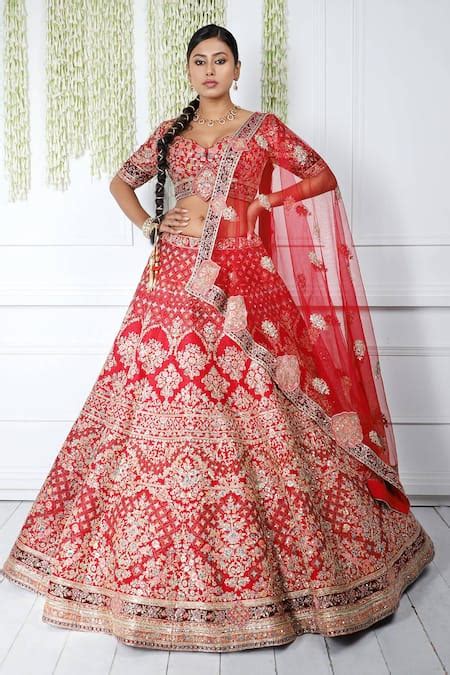 Buy Red Raw Silk Embroidery Resham Flower Forest Bridal Lehenga Set For