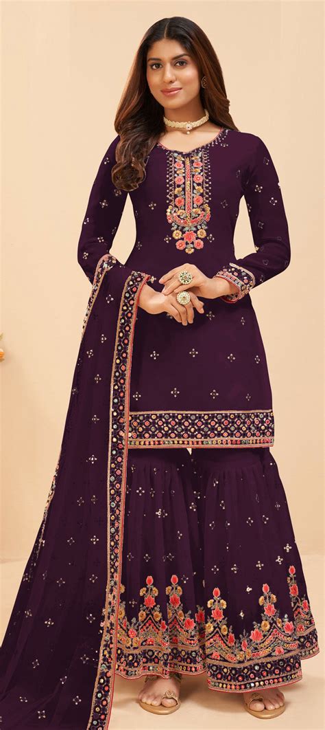 Mehendi Sangeet Reception Purple And Violet Color Faux Georgette