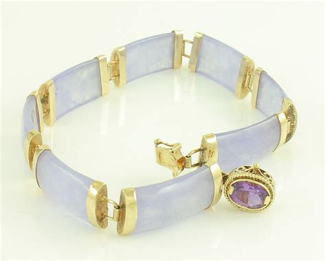 14K Lavender Jade Link Amethyst Bracelet Yellow Gold Purple Jadeite