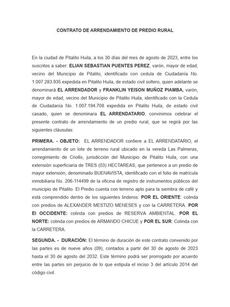 Contrato De Arrendamiento De Predio Rural Pdf Justicia Crimen Y Violencia