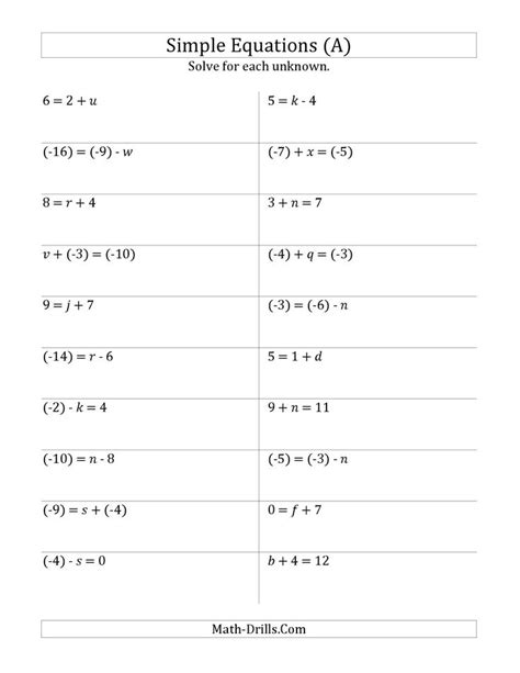 Solve One Step Equations With Smaller Values A Algebra Worksheet