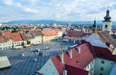 Aerial View Of The Big Square Piata Mare In Romanian City Sibiu From