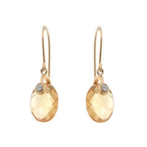 Boucles D Oreilles Pendantes Citrine Et Diamant Or Jaune Ref