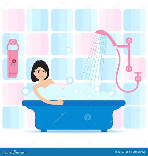 Vector Cartoon Style Illustration Of Woman Taking A Bath Full Of Soap