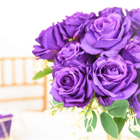 Purple Artificial Silk Rose Bouquet Faux Flower Bushes