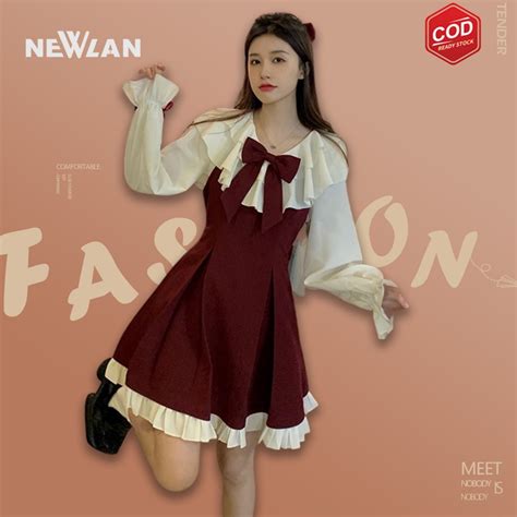 Jual Newlan Qz066 Gorgeous Sweet Red Dress Koreadress Wanitadress Korean Stylemidi Long Dress