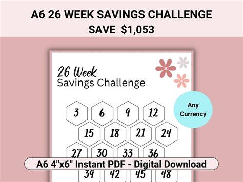 26 Weeks Savings Challenge Printable A6 26 Week Challenge 26 Week