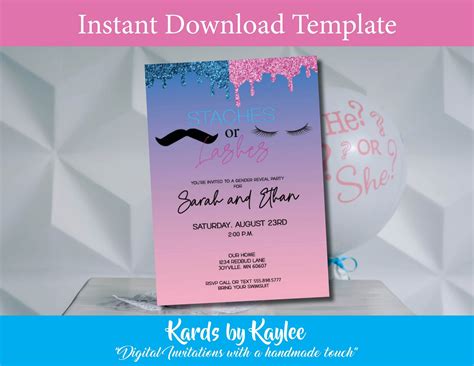 Staches Or Lashes Gender Reveal Invitation Instant Access Editable