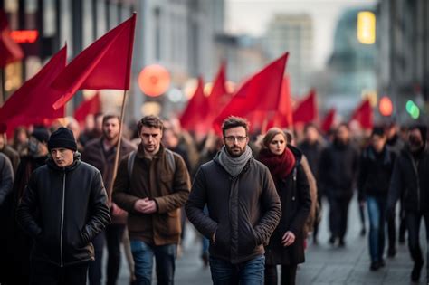 Gente Con Banderas Rojas Caminando Foto Premium