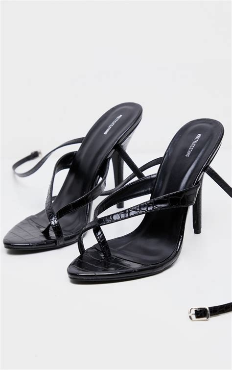 Black Croc Low Heel Toe Thong Ankle Strap Sandal Prettylittlething