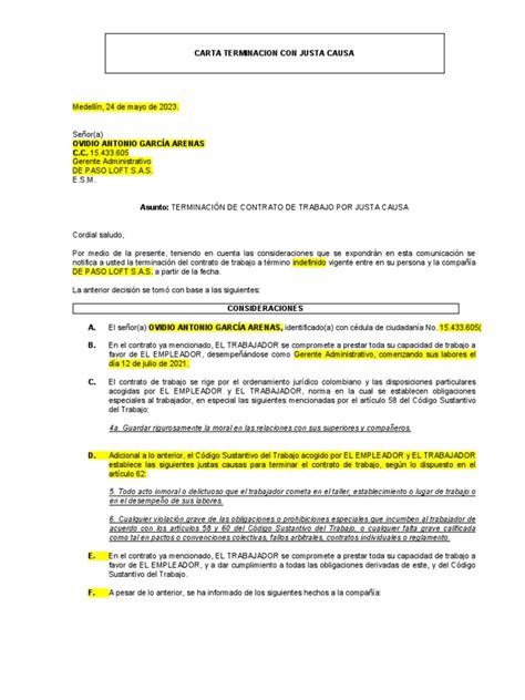 Carta Terminación De Contrato De Trabajo Por Justa Causa Ovidio Antonio García Arenas Pdf