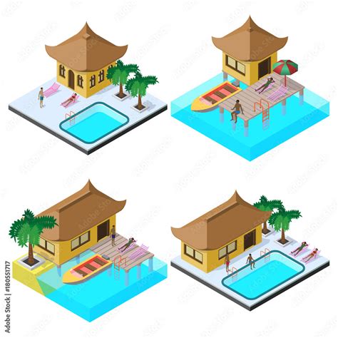 Isometric Vector Image Set With Bungalows Motorboats Swimming Pools