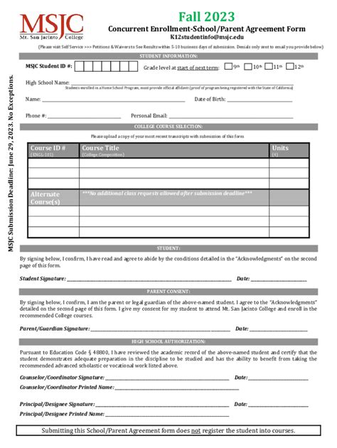 Fillable Online MSJC School Parent Agreement Form Fax Email Print