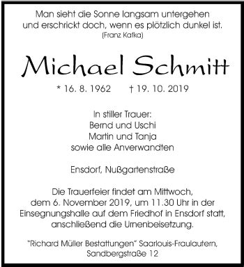 Traueranzeigen Von Michael Schmitt Saarbruecker Zeitung Trauer De