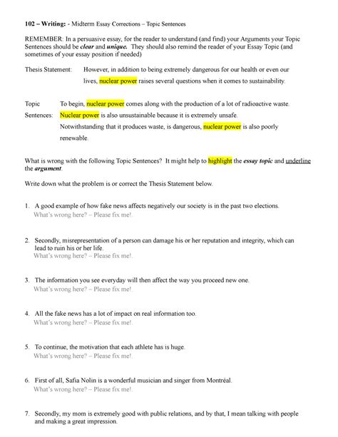 Class 11 Essay Corrections Topic Sentences 102 Writing