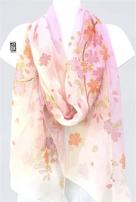 Silk Shawl Spring Cherry Blossoms In Pastel Pink Chiffon Shawl