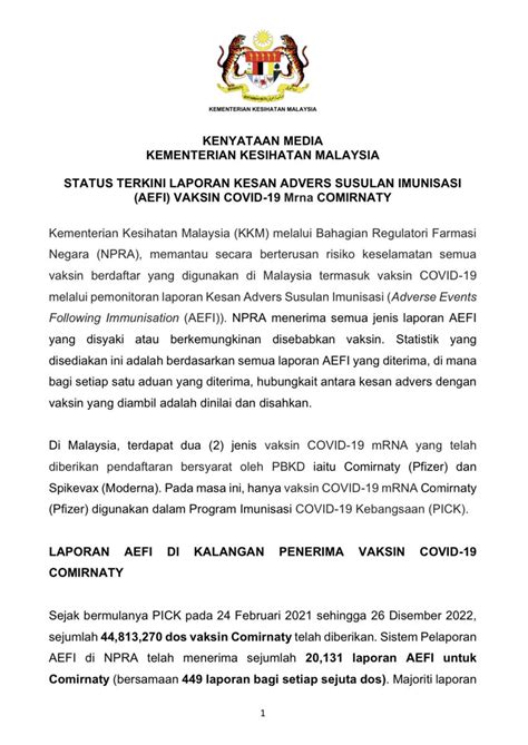 Kkmalaysia On Twitter Kenyataan Media Kementerian Kesihatan