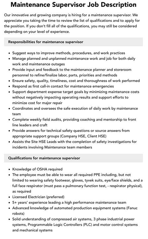 Maintenance Supervisor Job Description Velvet Jobs