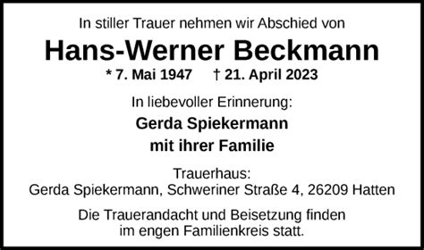 Traueranzeigen Von Hans Werner Beckmann Nordwest Trauer De