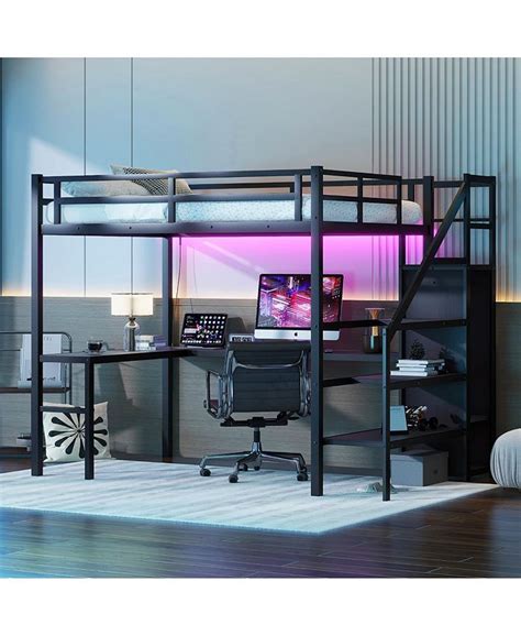 Simplie Fun Full Size Loft Bed With L Shaped Desk And Usb Metal Loft Bed With Wardrobe And