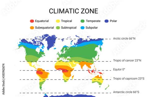 Climate Zones Map Vector With Equatorial Tropical Polar Temperate And Sub Zones Vector De