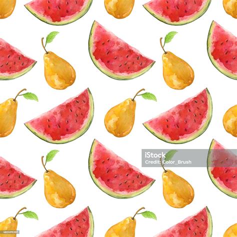 워터컬러 연속무늬 Watermelons 및 배를 0명에 대한 스톡 벡터 아트 및 기타 이미지 0명 과일 구도 Istock