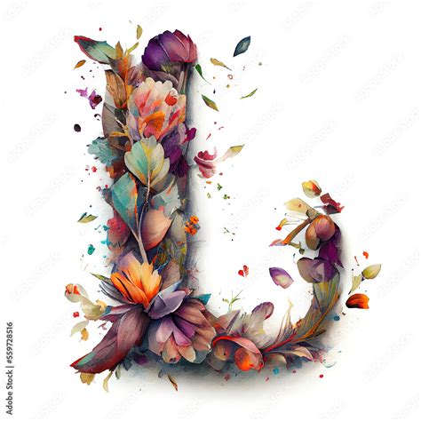 Colorful alphabet capital letter L made with flowers. Ink painting ...