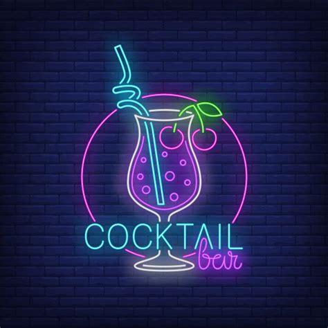 Free Vector Cocktail Bar Neon Text Drink With Straw And Cherries Neon Signs Custom Neon