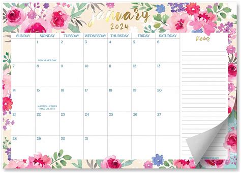 S O Grand calendrier de bureau 2024 à motif floral aquarelle allant de