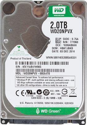 Характеристики Жесткий диск WD Green WD20NPVX 2ТБ HDD SATA III 2 5