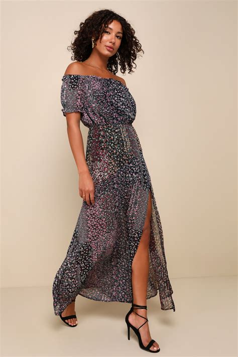 Navy Blue Floral Maxi Dress Off The Shoulder Maxi Ots Maxi Lulus