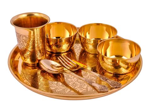 Shiv Shakti Arts Pure Brass Thali Set Dinner Set Engraved Flowers