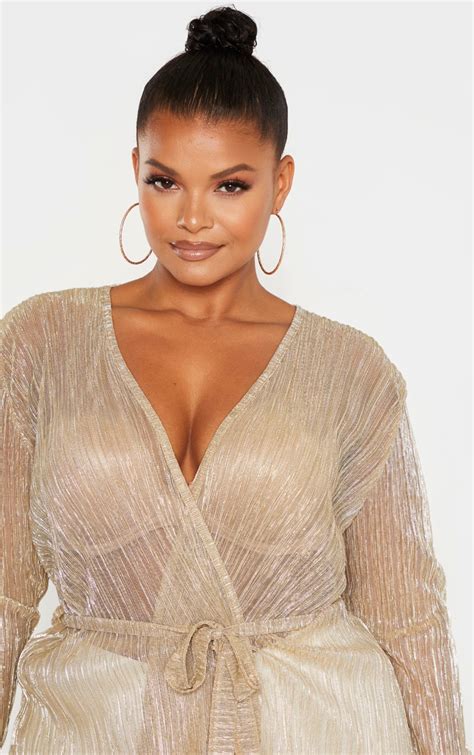 Plus Gold Plisse Wrap Detail Top Plus Size Prettylittlething