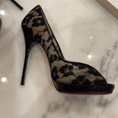 Jimmy Choo Patent Nude Black Lace Peep Toe Heels Gem
