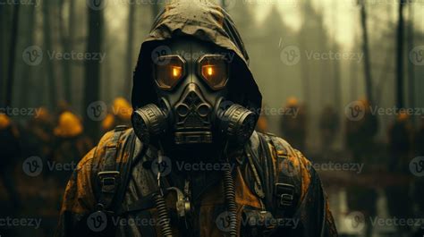 Close Up Portrait Of A Stalker Man In A Gas Mask In Destructed