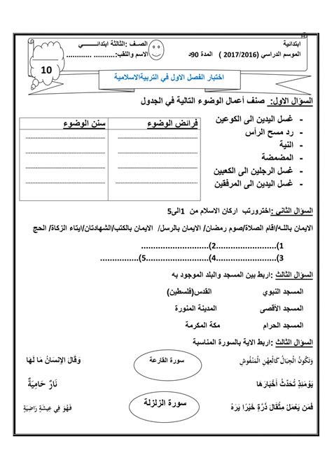 نماذج اختبارات في مادة التربية الاسلامية للسنة الثالثة ابتدائي الفصل