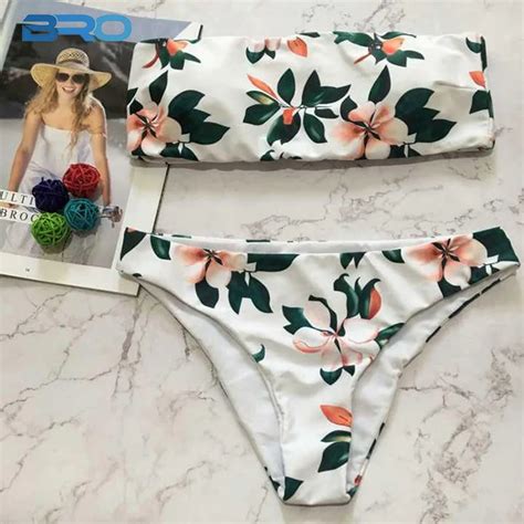 Bro Bandeau Bikini Floral Print Swimwear Female Summer Two Piece