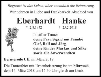 Traueranzeigen Von Eberhardt Hanke Trauer In Thueringen De