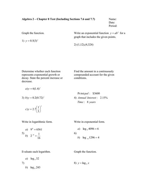 Algebra 2 Chapter 8 Test Including Sections 76 And Name Date