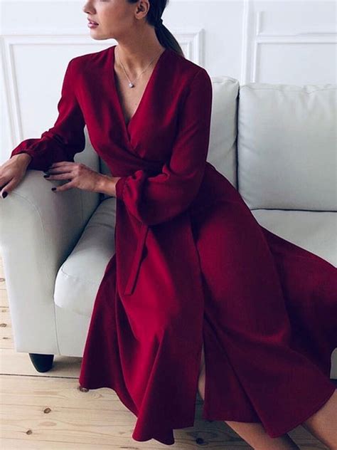 V Neck Long Sleeve Formal Midi Dress Stylewe