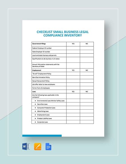 Free Checklist Small Business Legal Compliance Inventory Template