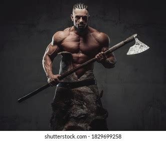 Muscular Furious Bearded Viking Barbarian Naked Stock Photo