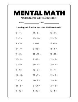 Mental Math Addition And Subtraction By Mindful Lessons Marketplace