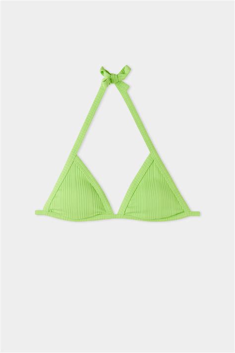 Top de Bikini Triángulo con Lazos de Canalé Verde de Microfibra Reciclada Triángulo Mujer
