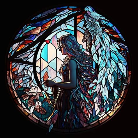 Premium Ai Image A Close Up Of A Stained Glass Window With A Woman And A Bird Generative Ai