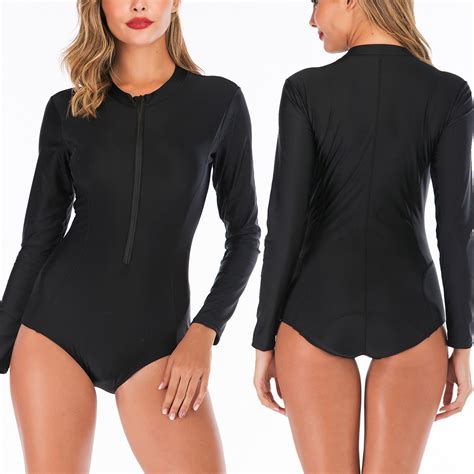 Women S Long Sleeve Zip Front Rashguard Swimsuit Sun Protection Surfing