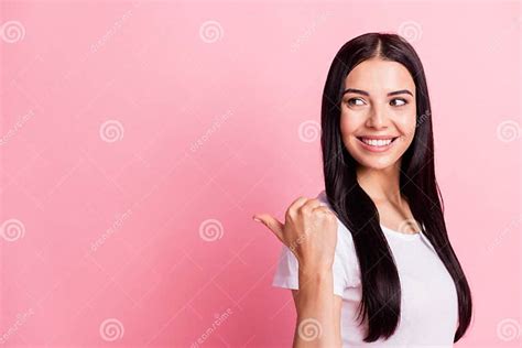 Profile Photo Of Optimistic Brunette Lady Point Look Empty Space Wear